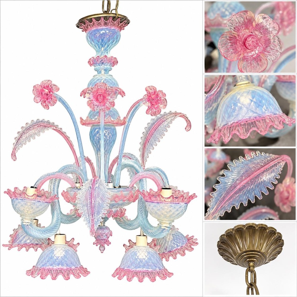 Vintage Murano Glass Chandelier Opalescent Blue Pink 6 Light Floral Venetian